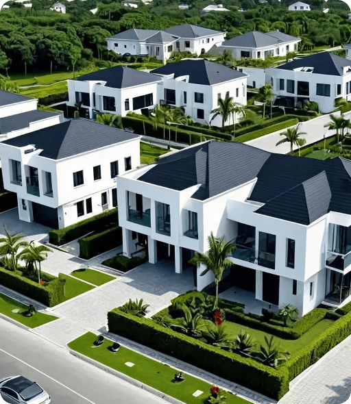 Aerial view of a luxury residential development with modern homes and landscaping